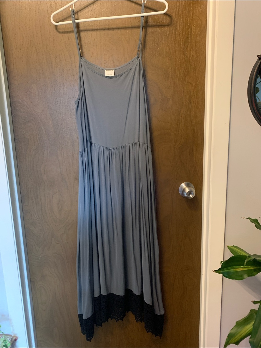 Flowy Slate Blue Maxi Dress with Black Lace Hem